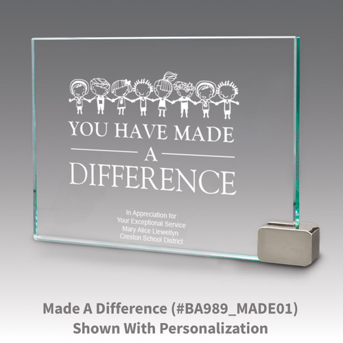 jade glass award with metal rectangle holder and you have made a difference message