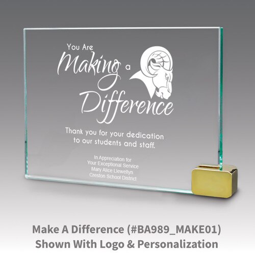 jade glass award with metal rectangle holder and maing a difference message