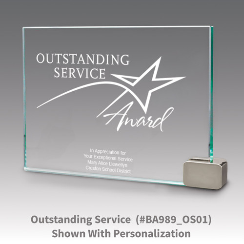 jade glass award with metal rectangle holder and outstanding service message