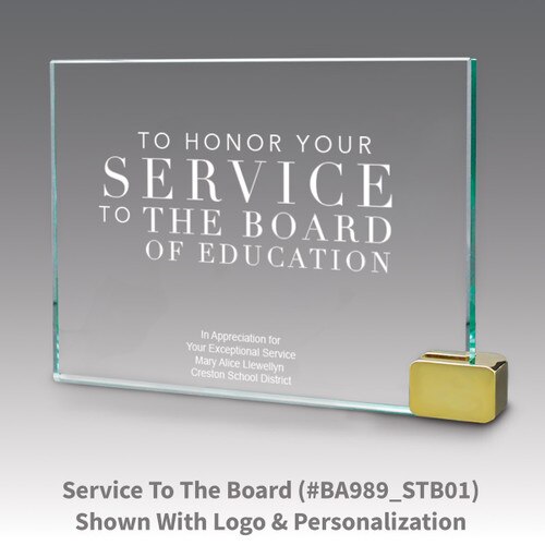 jade glass award with metal rectangle holder and service to the board message