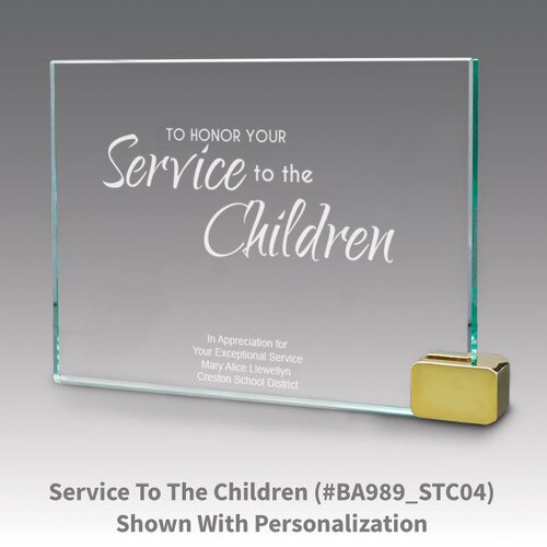 jade glass award with metal rectangle holder and service to the children message
