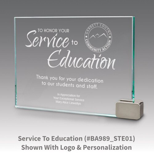 jade glass award with metal rectangle holder and service to education message