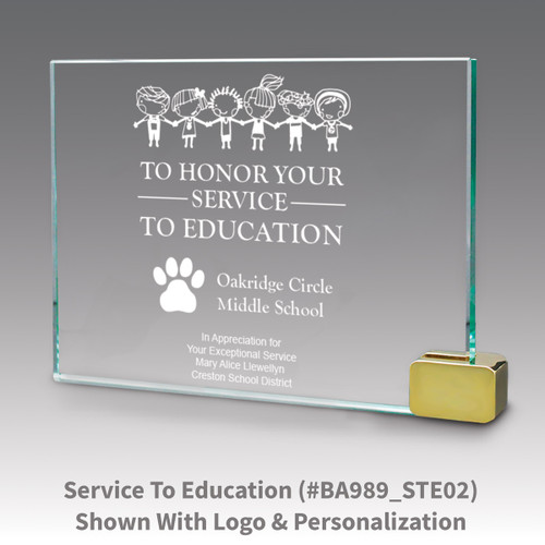 jade glass award with metal rectangle holder and service to education message