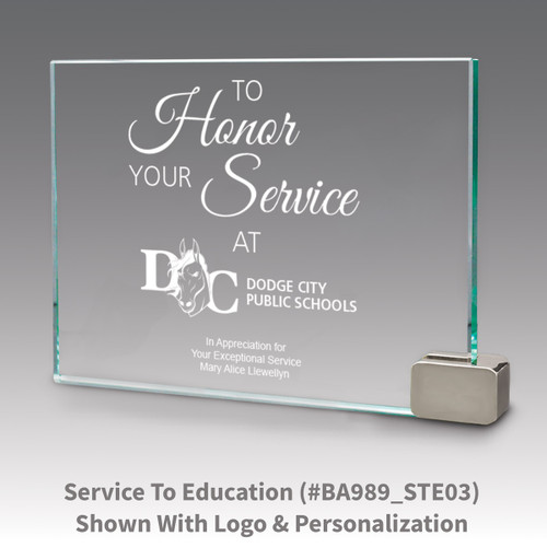 jade glass award with metal rectangle holder and to honor your service message