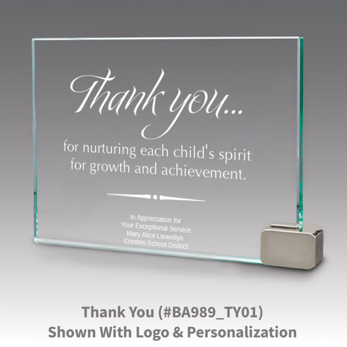 jade glass award with metal rectangle holder and thank you message