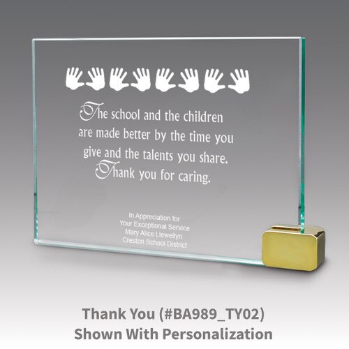 jade glass award with metal rectangle holder and thank you or caring message