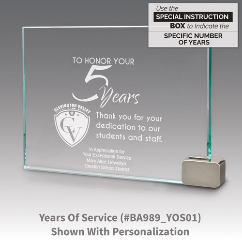 jade glass award with metal rectangle holder and years of service message