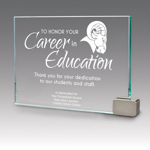jade glass award with metal rectangle holder and career in education message