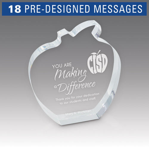 Clear acrylic apple award featuring laser-engraved pre-designed service to education messages.