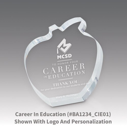 acrylic apple award with career in education laser-engraved message