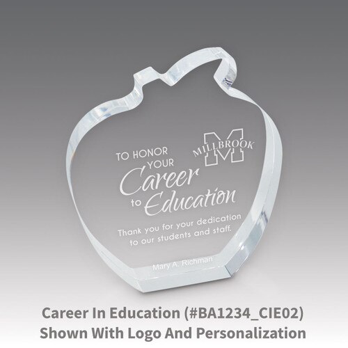 acrylic apple award with career in education laser-engraved message