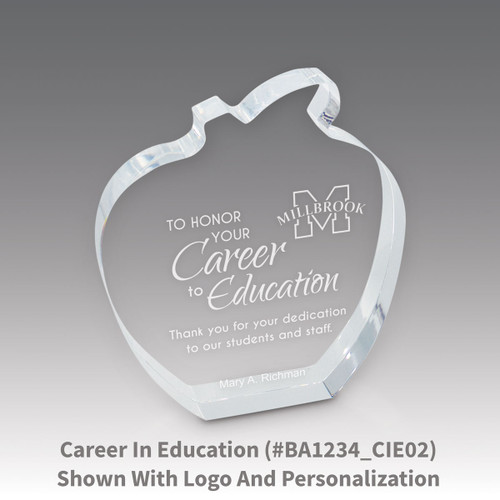 acrylic apple award with career in education laser-engraved message
