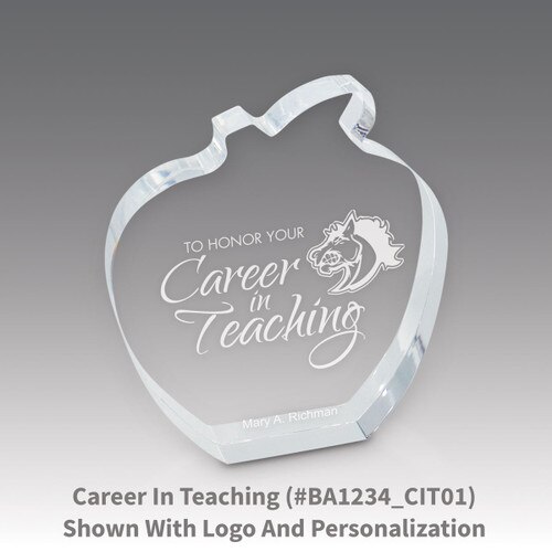 acrylic apple award with career in teaching laser-engraved message
