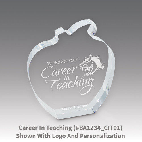 acrylic apple award with career in teaching laser-engraved message