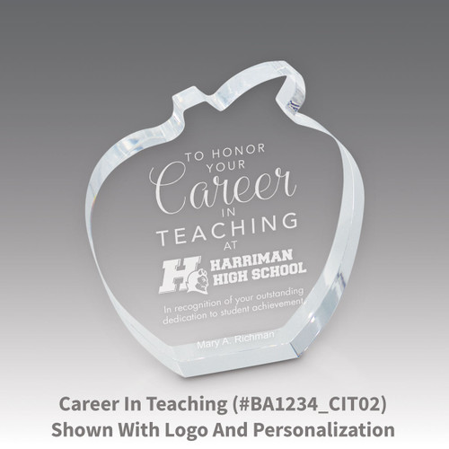 acrylic apple award with career in teaching laser-engraved message
