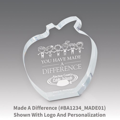 acrylic apple award with made a difference laser-engraved message