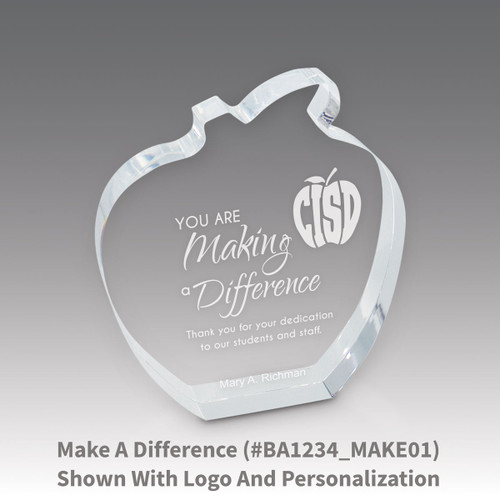 acrylic apple award with making a difference laser-engraved message