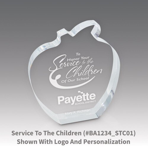 acrylic apple award with service to the children laser-engraved message
