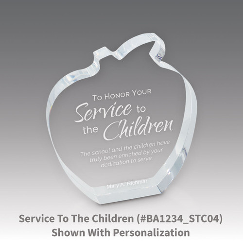 acrylic apple award with service to the children laser-engraved message