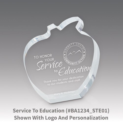 acrylic apple award with service to education laser-engraved message