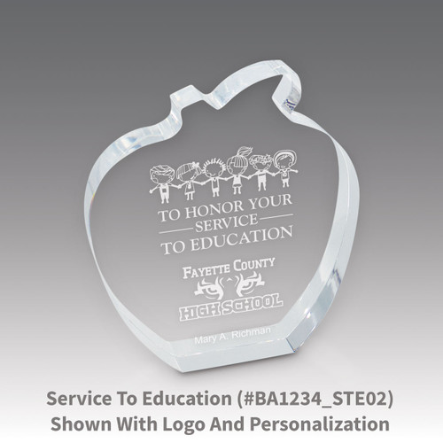 acrylic apple award with service to education laser-engraved message