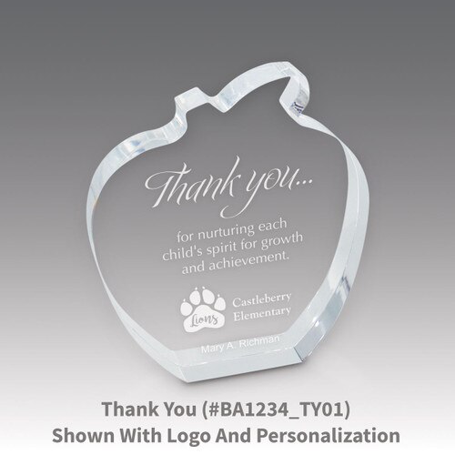 acrylic apple award with thank you laser-engraved message