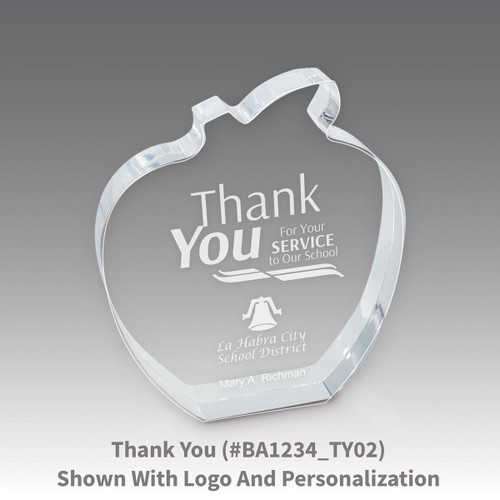 acrylic apple award with thank you laser-engraved message