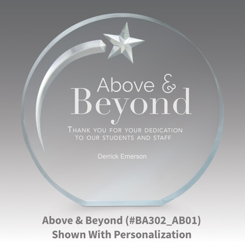 above and beyond message on an acrylic shooting star award