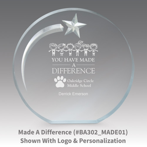 you have made a difference message on an acrylic shooting star award