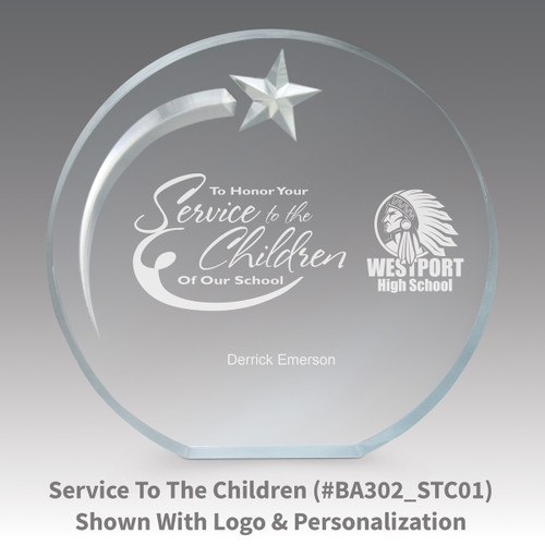 service to the children message on an acrylic shooting star award