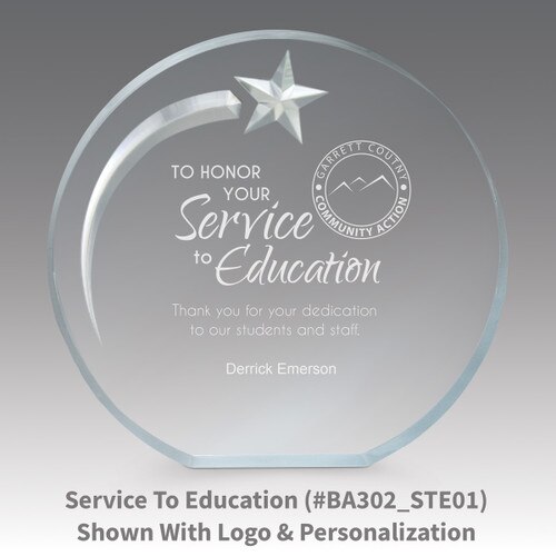 service to education message on an acrylic shooting star award