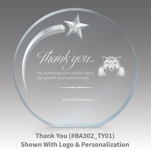 thank you message on an acrylic shooting star award