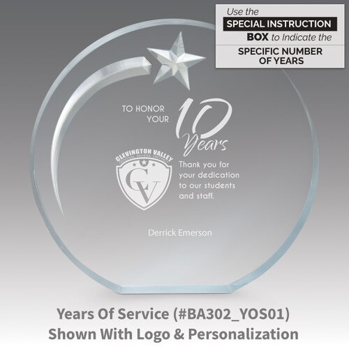 years of service message on an acrylic shooting star award