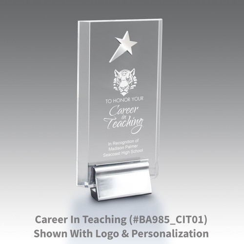 acrylic tower award featuring a silver metal star and career in teaching message