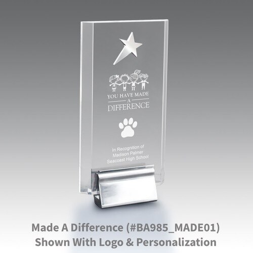 acrylic tower award featuring a silver metal star and made a difference message