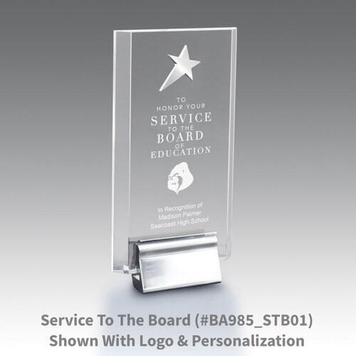 acrylic tower award featuring a silver metal star and service to the board message