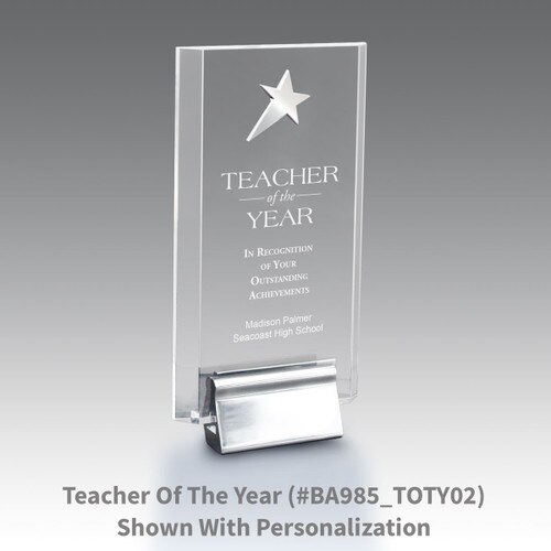 acrylic tower award featuring a silver metal star and teacher of the year message