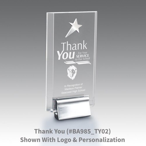 acrylic tower award featuring a silver metal star and thank you message