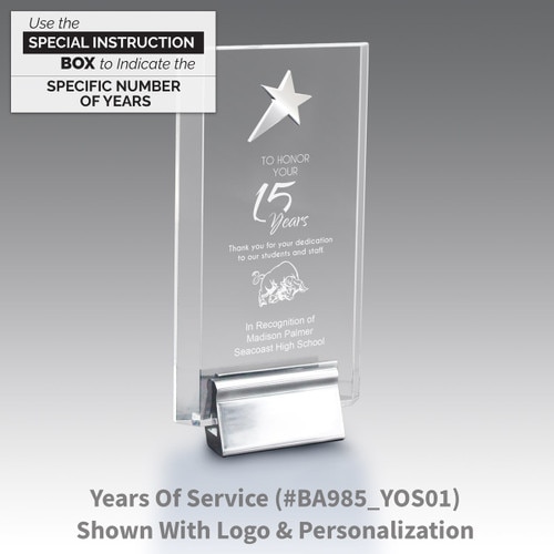 acrylic tower award featuring a silver metal star and years of service message