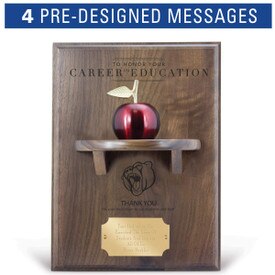 career in education message on a walnut plaque with a shelf, red apple bell and personalized brass plate