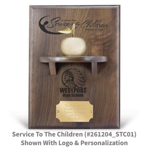 service to the children message on a walnut plaque with a shelf, brass apple bell and personalized brass plate