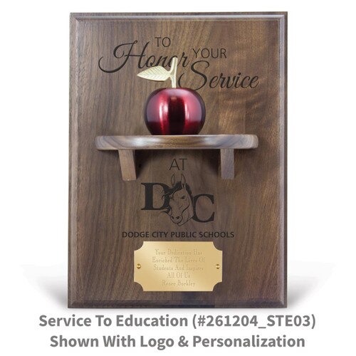 to honor your service message on a walnut plaque with a shelf, red apple bell and personalized brass plate