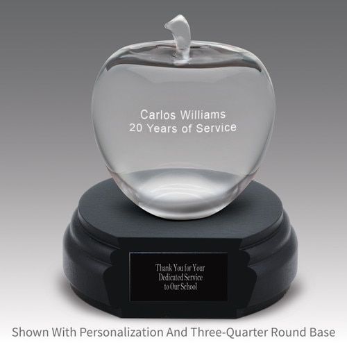 personalized optic crystal apple sitting on top a black walnut base with black brass plate