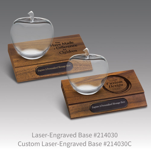 laser engraved walnut bases with black brass plates and optic crystal apples