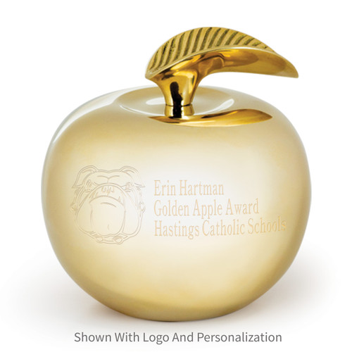 brass apple with personalization and logo