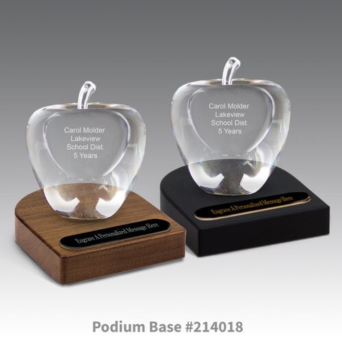 black and brown walnut podium bases with black brass plates and optic crystal apples with personalization