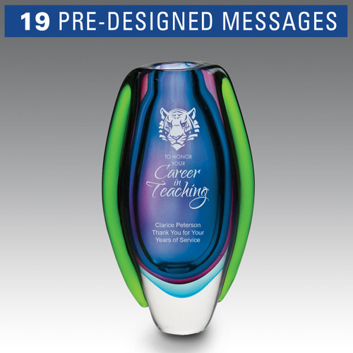 Handblown art glass vase featuring service to education pre-designed messages. Available in 2 colors.