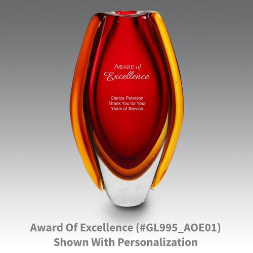 red glass vase with award of excellence message