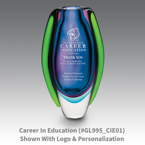 blue glass vase with career in education message