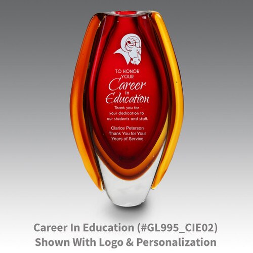 red glass vase with career in education message